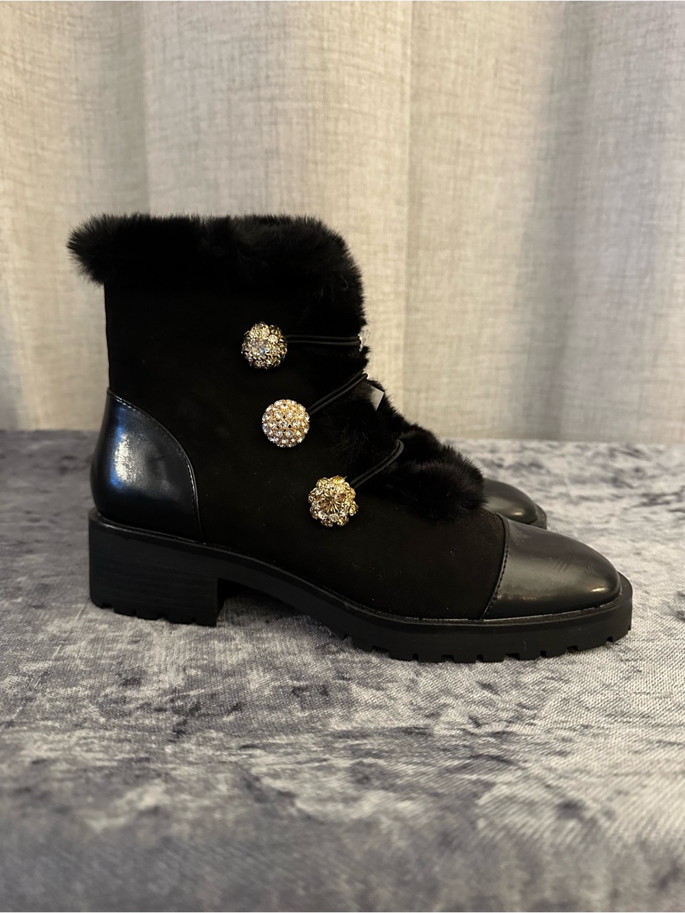 Nanette Lepore Black Fur-Trim Ankle Boots with Jeweled Buttons